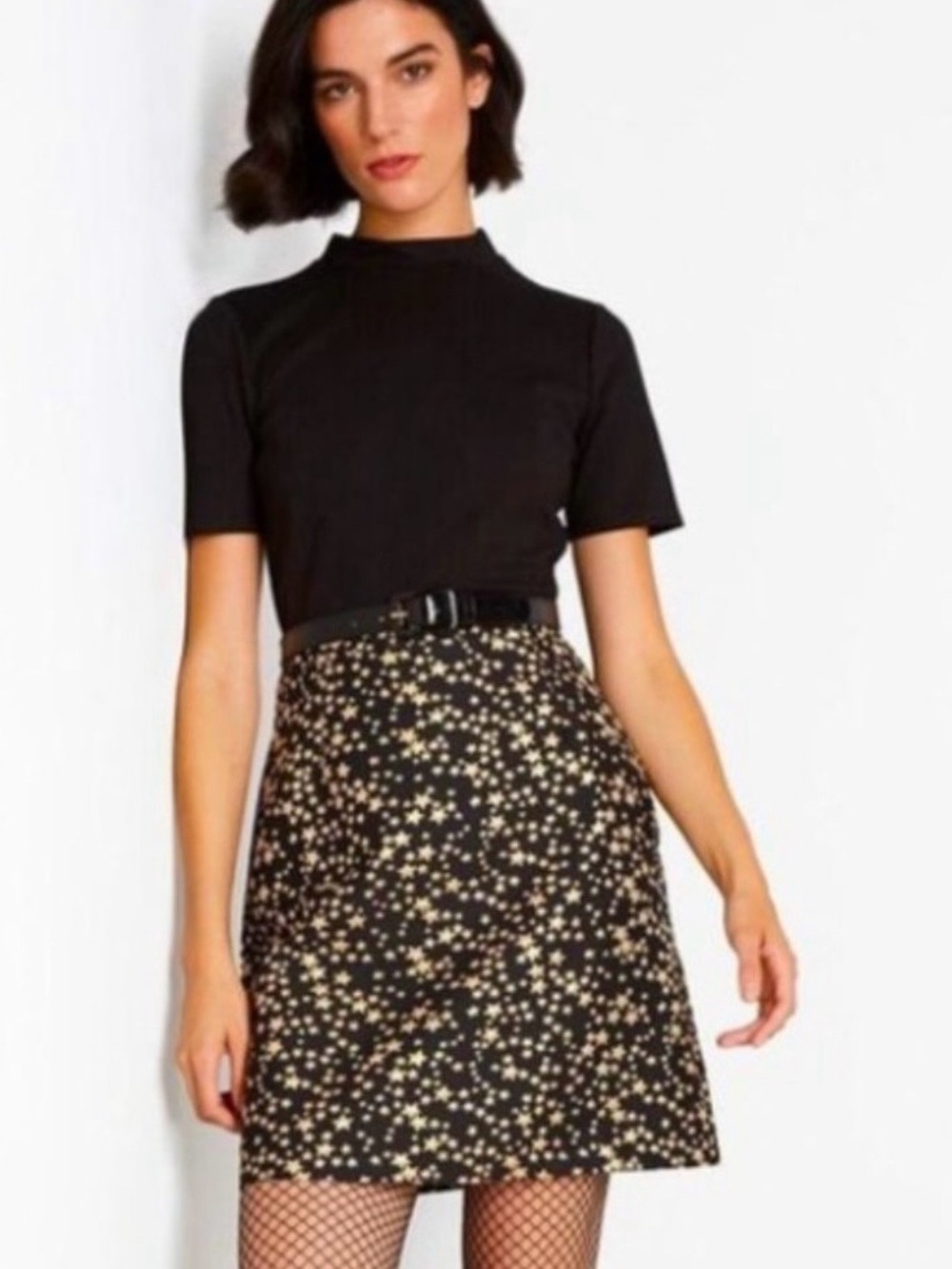 ModCloth Black Star Print Fit & Flare Dress XL Mock Neck Retro Celestial